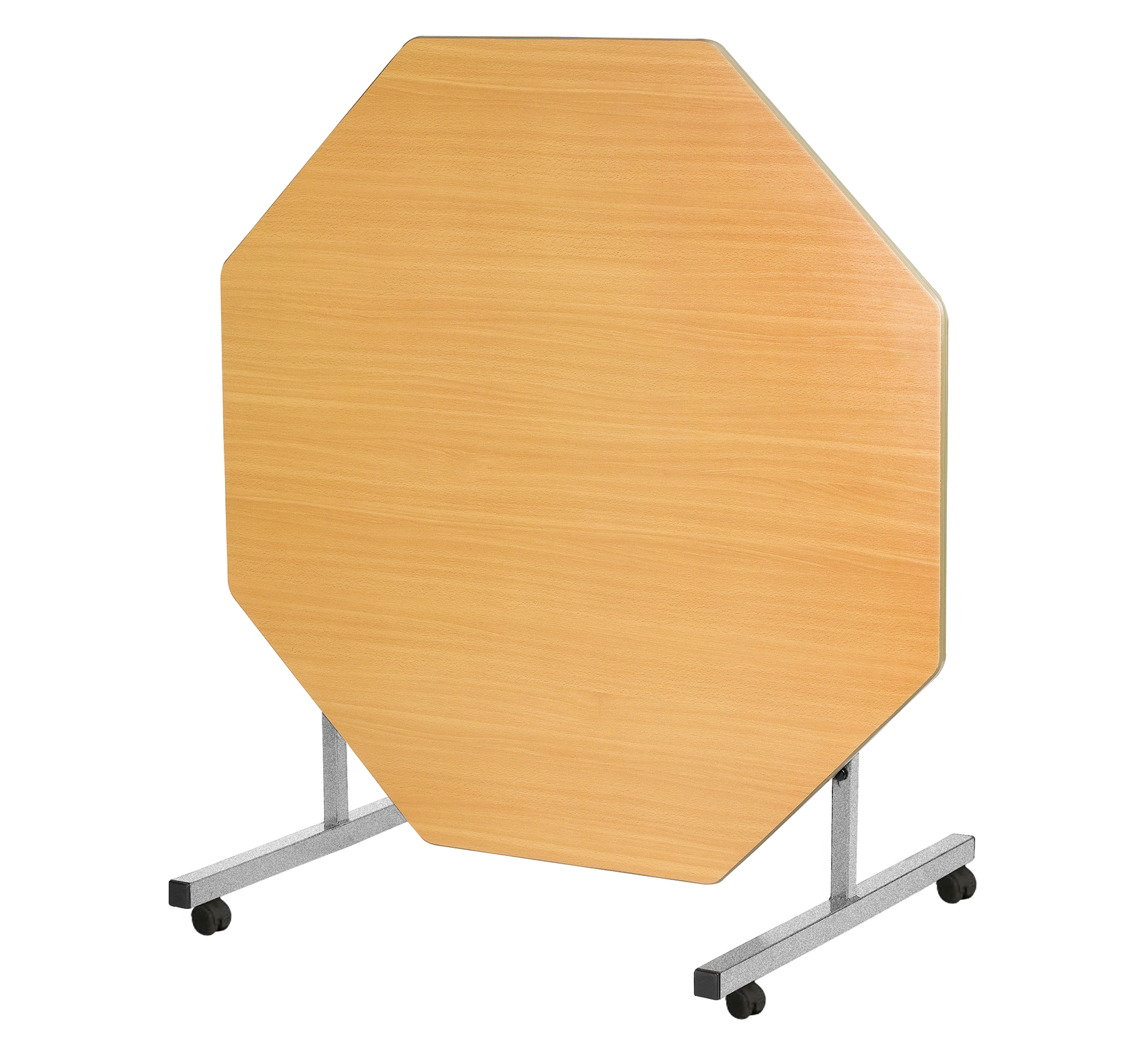 Octagonal wooden table with metal legs on a white background