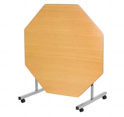 Octagonal wooden table with metal legs on a white background