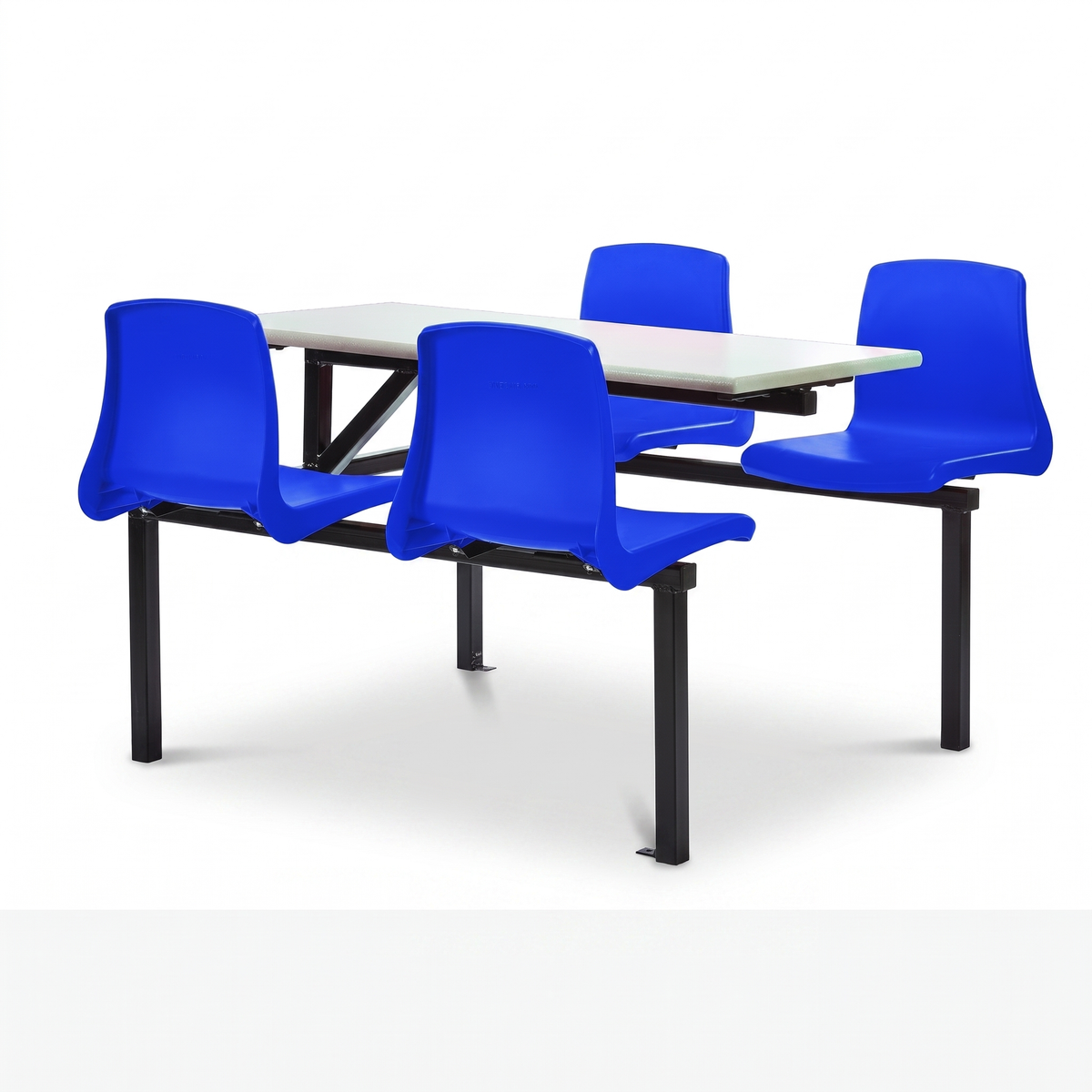 A 4-seater cafeteria dining table set with bright blue molded plastic seats and a white rectangular tabletop on a black metal frame, shown against a plain white background.