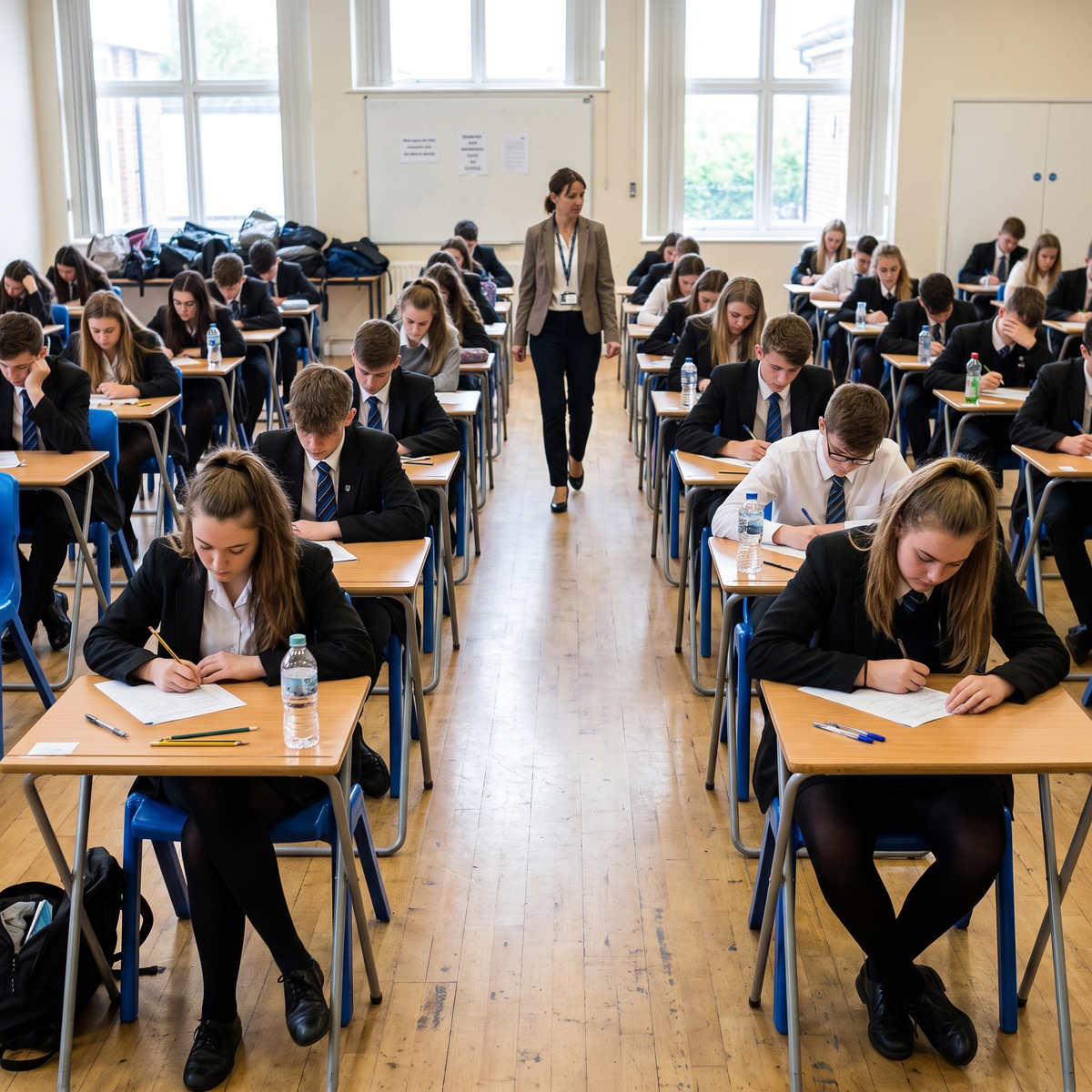 A classroom scene with rows of students seated at desks writing papers, a woman walking down the center aisle, and large windows in the background.