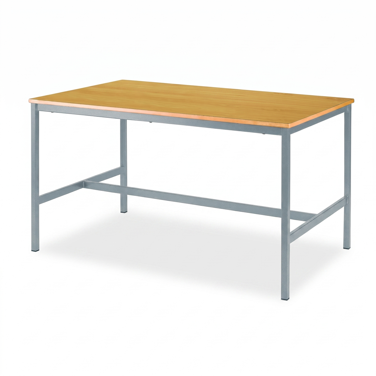 A rectangular desk with a light natural wood grain top and a gray metal frame, shown on a plain white background.