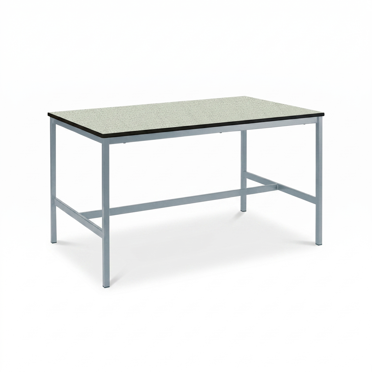 A rectangular workbench with a speckled light gray top and a light gray metal frame, shown on a plain white background.