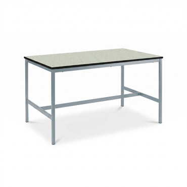 A rectangular workbench with a speckled light gray top and a light gray metal frame, shown on a plain white background.