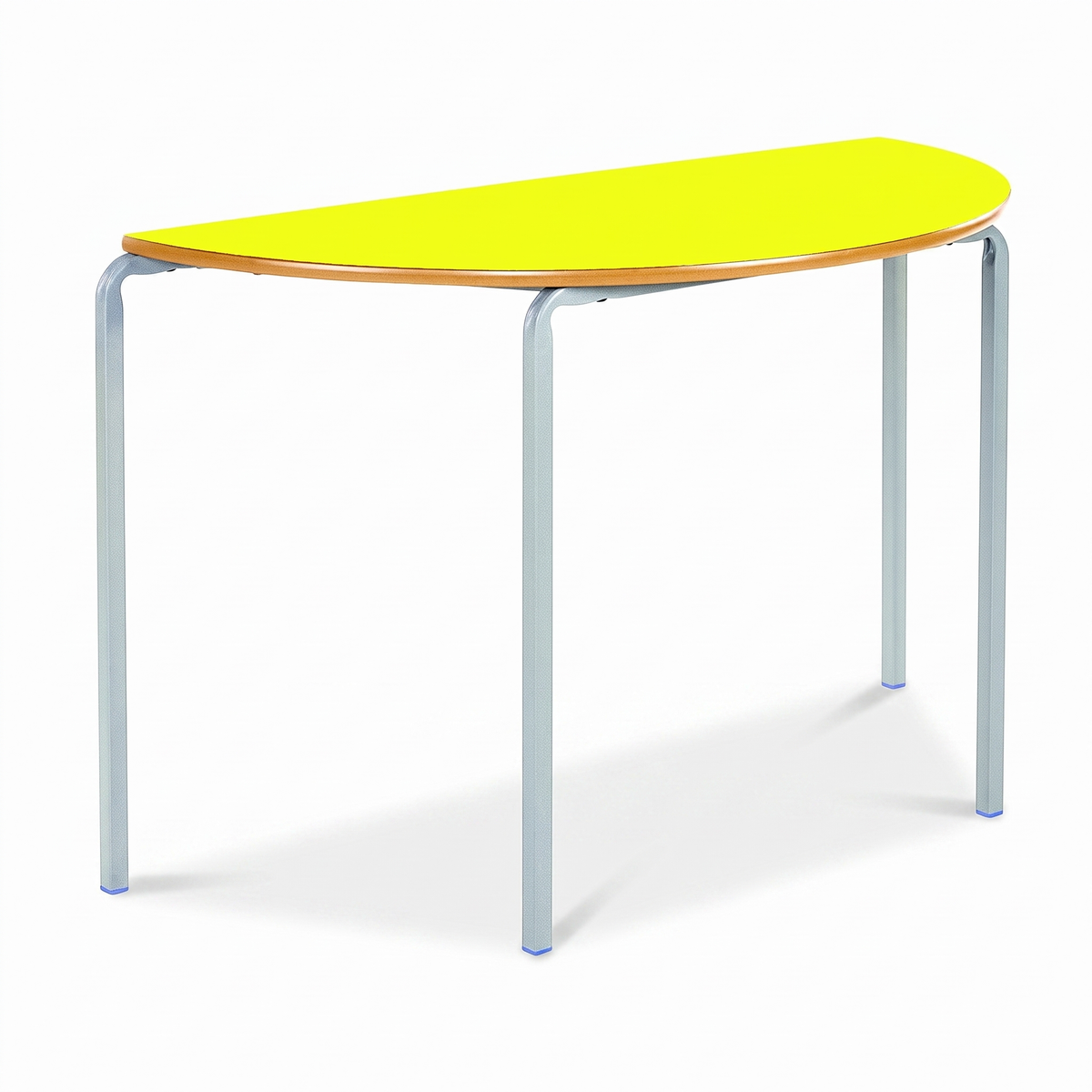 A modern semi-circular classroom table with a bright yellow top, a light wood edge, and light gray metal legs, shown on a white background.